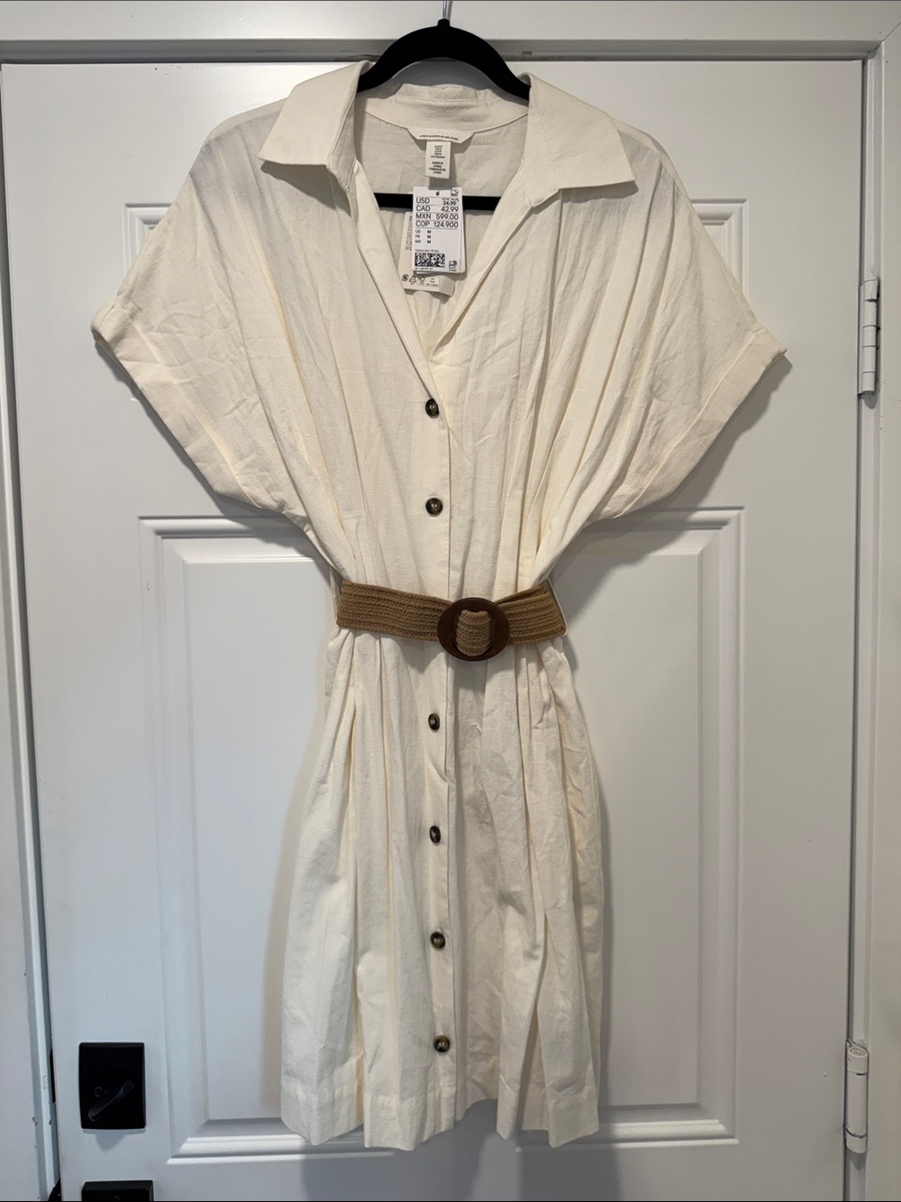H&M Cream Button-Down Mini Dress with Tan Belt - Picture 1 of 4